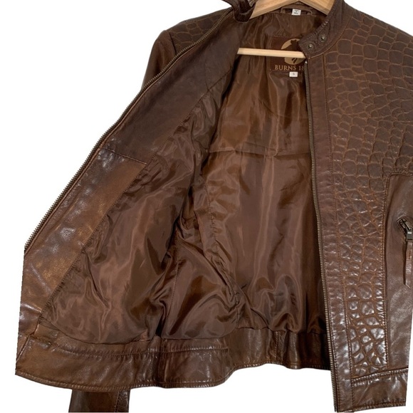 Burns 1876 Leather Embossed Zip Up Jacket Brown Size Small - Picture 9 of 11